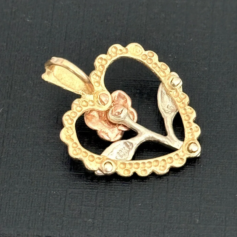 Vintage 14K Gold Heart Flower Tricolor Yellow Rose White Gold Charm Pendant